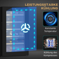 Ein schwarzer Weinkühlschrank und Weinklimaschrank für 24 Flaschen mit LED-Beleuchtung.