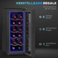 Ein Weinkühlschrank und Weinkühler für 12 Flaschen, 30 Liter Fassungsvermögen, Temperaturbereich 8-18 Grad Celsius, mit LED und Touchscreen.