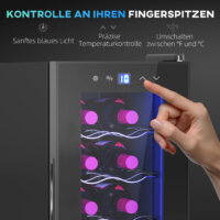 Ein Weinkühlschrank und Weinkühler für 12 Flaschen, 30 Liter Fassungsvermögen, Temperaturbereich 8-18 Grad Celsius, mit LED und Touchscreen.