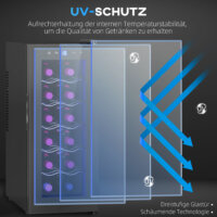 Ein Weinkühlschrank und Weinkühler für 12 Flaschen, 30 Liter Fassungsvermögen, Temperaturbereich 8-18 Grad Celsius, mit LED und Touchscreen.
