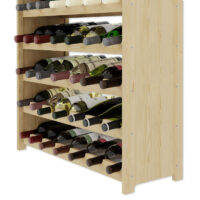 Detailansicht der unteren Ebenen des Weinregals aus Kiefernholz in Naturfarbe. Die stabile Konstruktion und die sorgfältige Verarbeitung sind gut erkennbar.