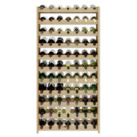 Frontansicht des Weinregals aus Kiefernholz in Naturfarbe mit Platz für 77 Flaschen. Elf Ebenen bieten optimalen Stauraum für Ihre Weinsammlung.