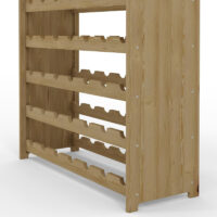 Detailansicht der unteren Ebenen des Weinregals aus Kiefernholz. Die stabile Konstruktion und die sorgfältige Verarbeitung sind gut erkennbar.