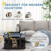 Grauer, faltbarer Welpenauslauf aus Netz für Hunde bis 4kg, 74x60x45cm.
