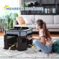 Grauer, faltbarer Welpenauslauf aus Netz für Hunde bis 4kg, 74x60x45cm.