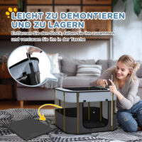 Grauer, faltbarer Welpenauslauf aus Netz für Hunde bis 4kg, 74x60x45cm.