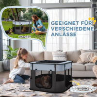 Grauer, faltbarer Welpenauslauf aus Netz für Hunde bis 4kg, 74x60x45cm.