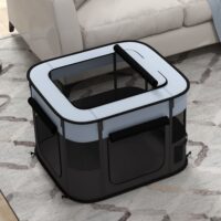 Grauer, faltbarer Welpenauslauf aus Netz für Hunde bis 4kg, 74x60x45cm.