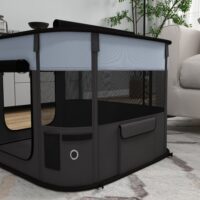 Grauer, faltbarer Welpenauslauf aus Netz für Hunde bis 4kg, 74x60x45cm.