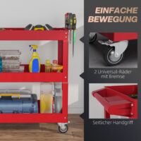 Werkzeugwagen fahrbar mit 3 Ebenen aus Stahl rot