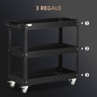 Werkzeugwagen rollbar mit 3 Ebenen für Werkstatt aus Stahl schwarz