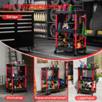 Werkzeugwagen mit 3 Ebenen 4 Rollen und Haken Kunststoff rot