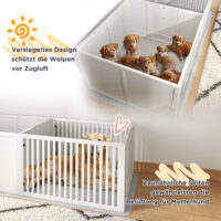 Wurfbox für Welpen leicht zu reinigen mit Unterlage aus Holz weiss