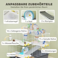 Zwerghamsterkäfig mit Tunnelsystem Zubehör und 4 Ebenen grau