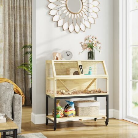 Naturholz-Zwerghamsterkäfig (87x43x101cm) mit Wasserflasche, Hütte & Rädern.